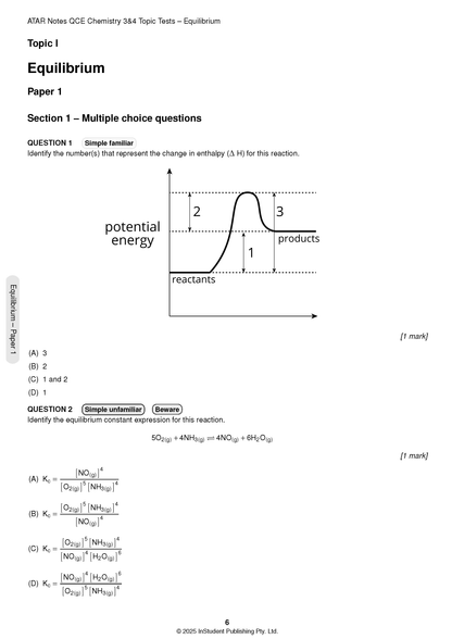 Chemistry Topic Test page by ATAR Notes, showing multiple-choice questions, a reaction energy diagram, and an equilibrium expression.
