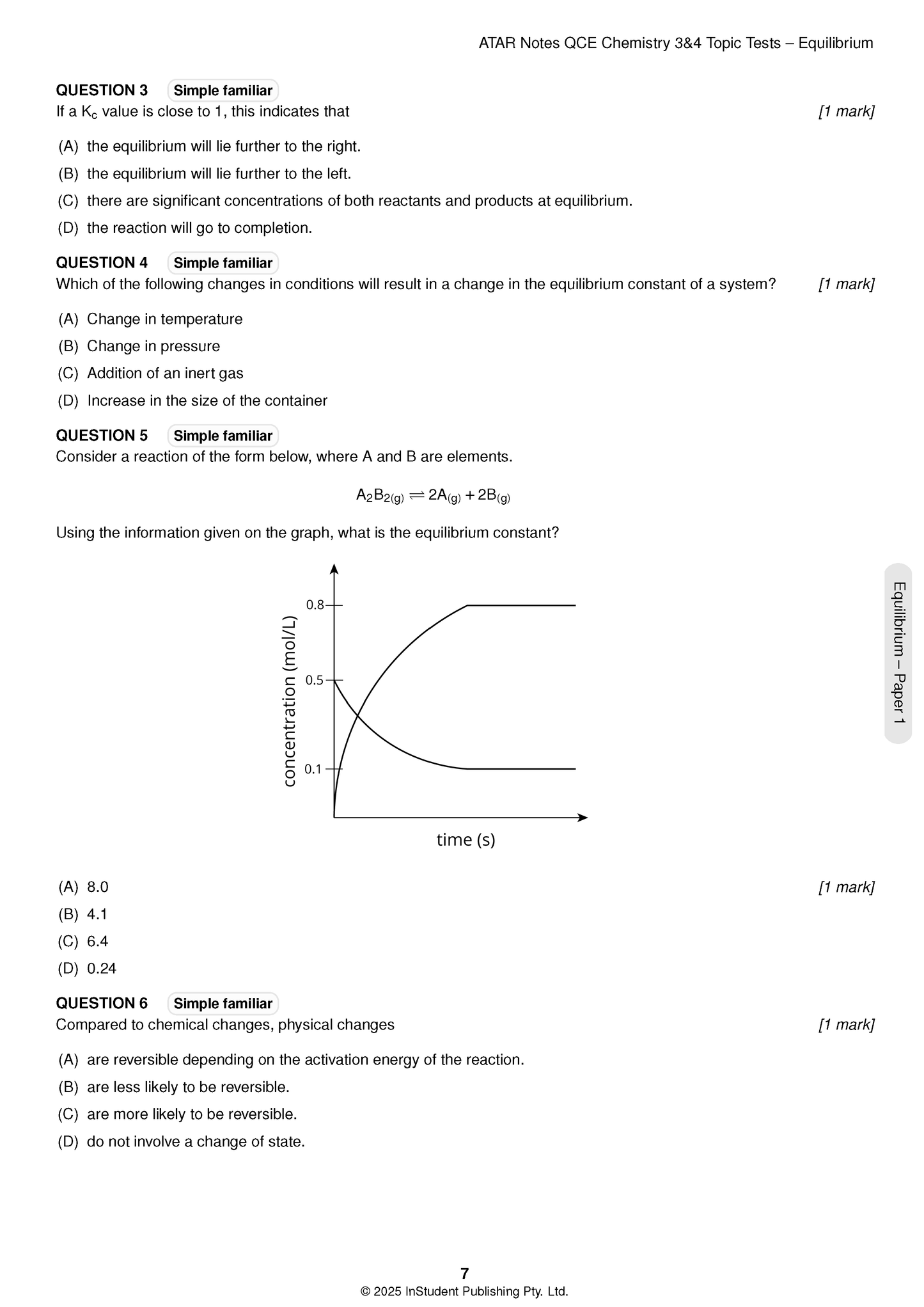QCE Chemistry 3&4 Topic Test by ATAR Notes, showing multiple-choice questions and a concentration-time graph.