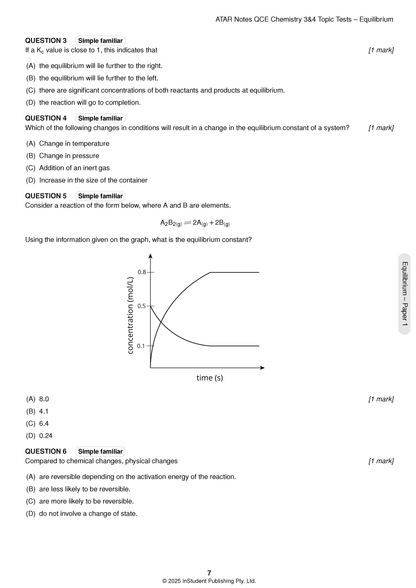 QCE Chemistry 3&4 Topic Test by ATAR Notes, showing multiple-choice questions and a concentration-time graph.
