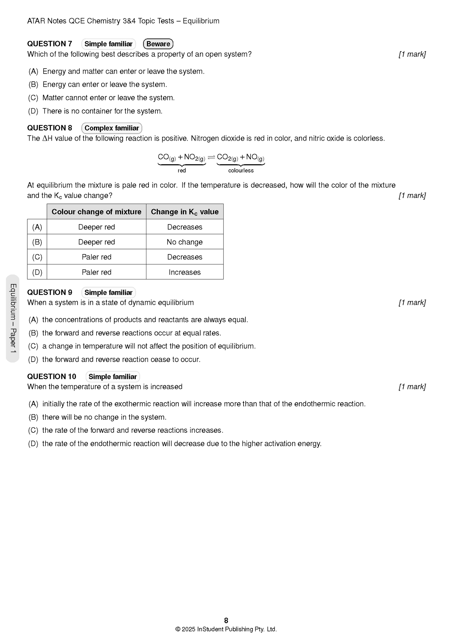 QCE Chemistry 3&4 Topic Tests by ATAR Notes, featuring a white page with multiple-choice questions on equilibrium.
