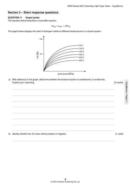 Topic Tests by ATAR Notes QCE, a white page showing a chemistry question on equilibrium with a pressure-temperature graph.