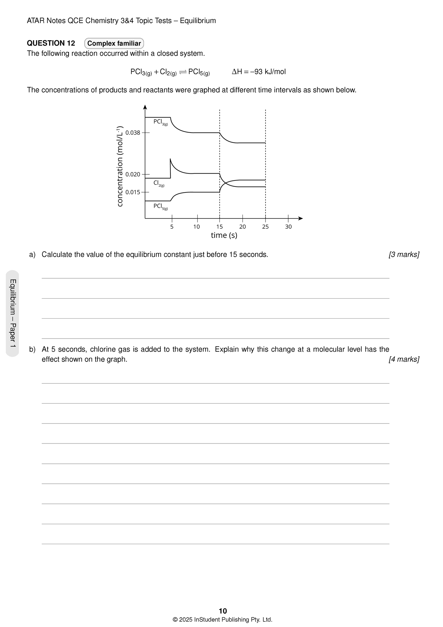 QCE Chemistry 3&4 Topic Test page by ATAR Notes, showing an equilibrium question with reaction and concentration-time graph.