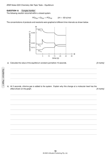 QCE Chemistry 3&4 Topic Test page by ATAR Notes, showing an equilibrium question with reaction and concentration-time graph.