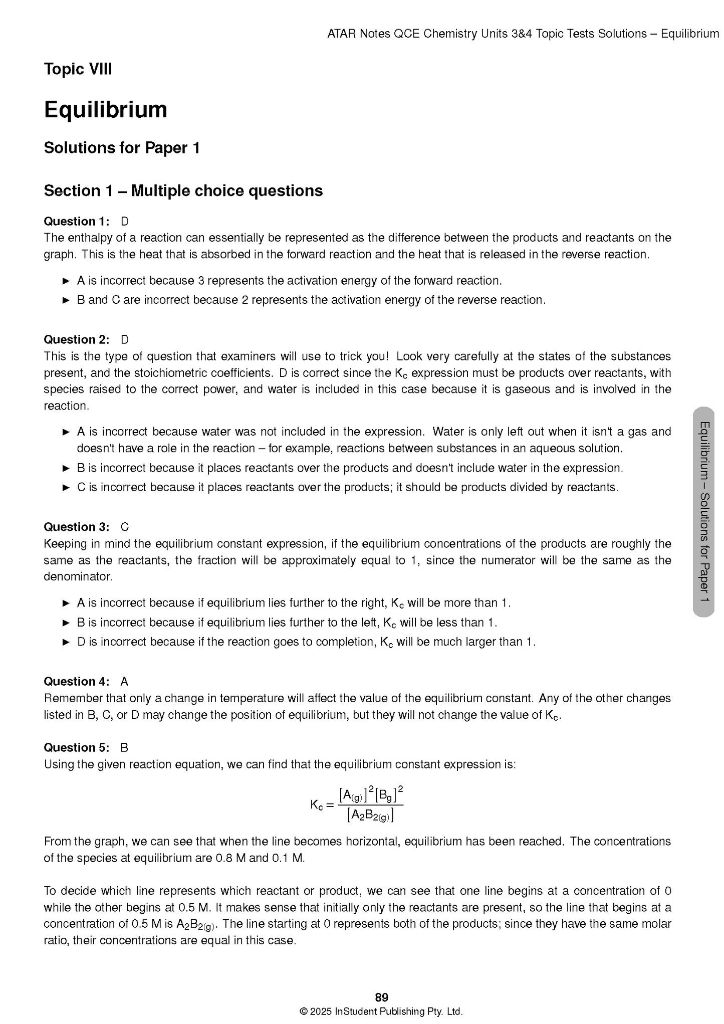 Chemistry Topic Tests Solutions by ATAR Notes, a page showing equilibrium questions, answers, and a Kc expression.
