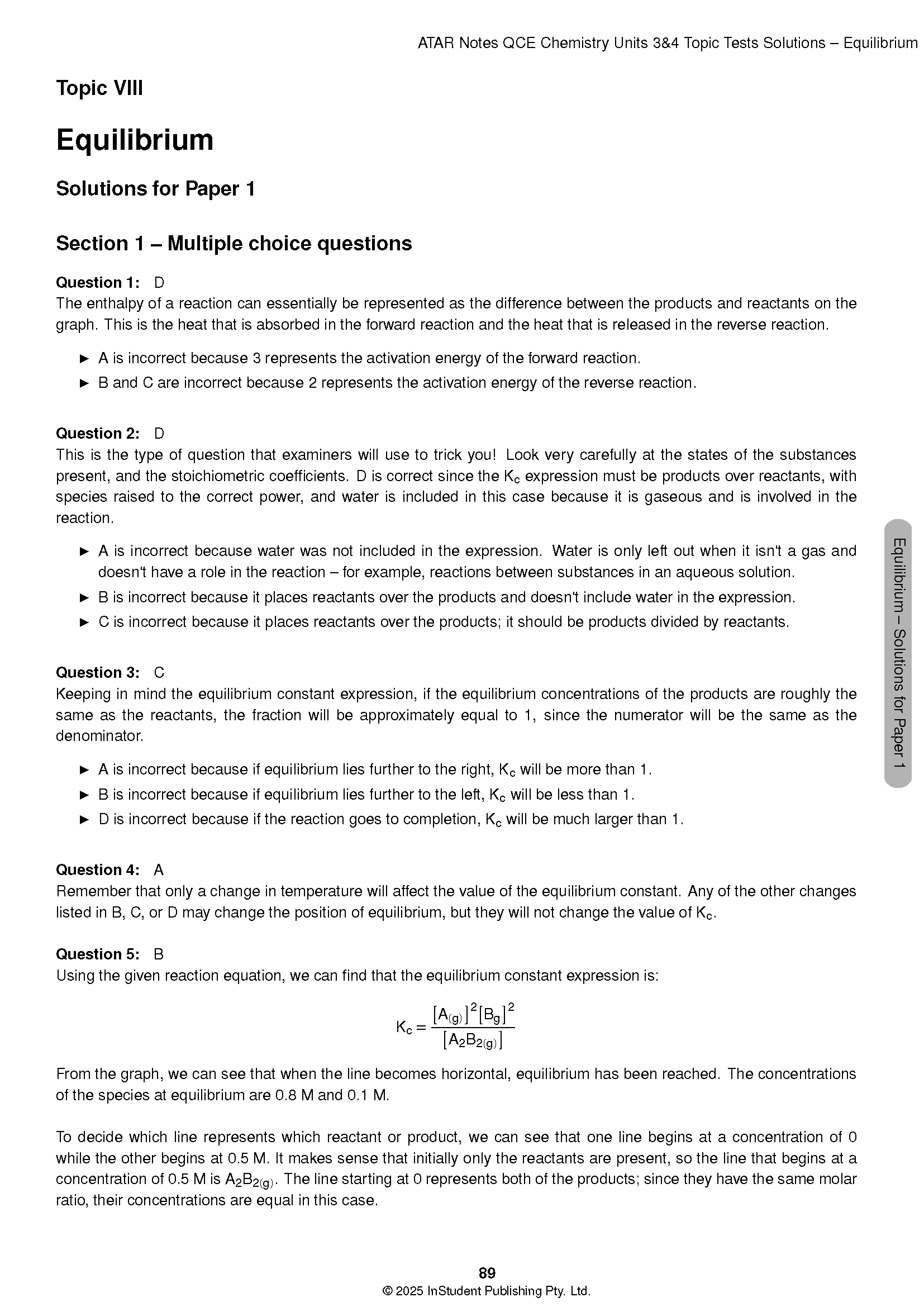 Chemistry Topic Tests Solutions by ATAR Notes, a page showing equilibrium questions, answers, and a Kc expression.