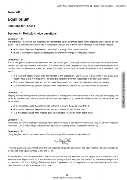 Chemistry Topic Tests Solutions by ATAR Notes, a page showing equilibrium questions, answers, and a Kc expression.