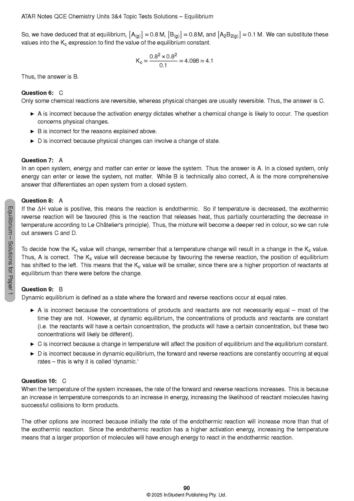 QCE Chemistry 3&4 Topic Tests Solutions page by ATAR Notes, featuring questions and detailed answers on Equilibrium from Paper 1, page 90.