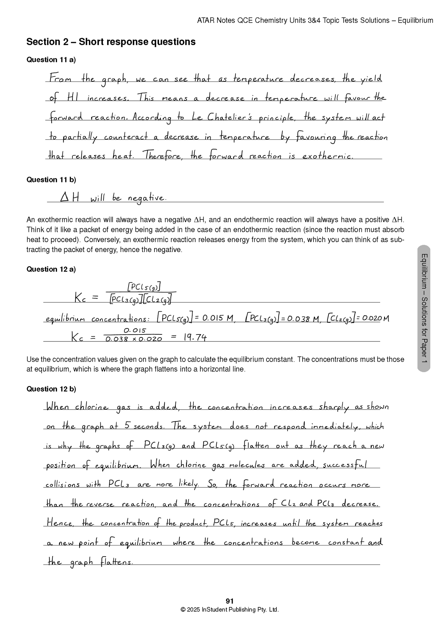 A page of Chemistry Topic Tests solutions by ATAR Notes, displaying handwritten answers to equilibrium questions with calculations.
