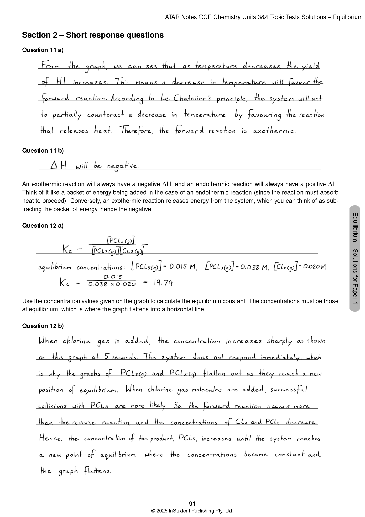 A page of Chemistry Topic Tests solutions by ATAR Notes, displaying handwritten answers to equilibrium questions with calculations.