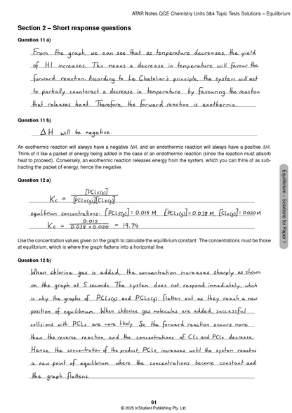 A page of Chemistry Topic Tests solutions by ATAR Notes, displaying handwritten answers to equilibrium questions with calculations.