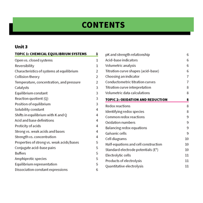 Printed summary sheets by ATAR Notes, displaying a contents page with green and black headers and chemistry topics.