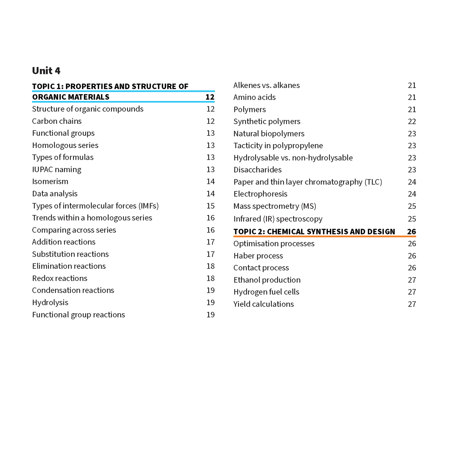 White summary sheet by ATAR Notes, displaying a detailed table of contents for QCE Chemistry Unit 4 with blue accents.