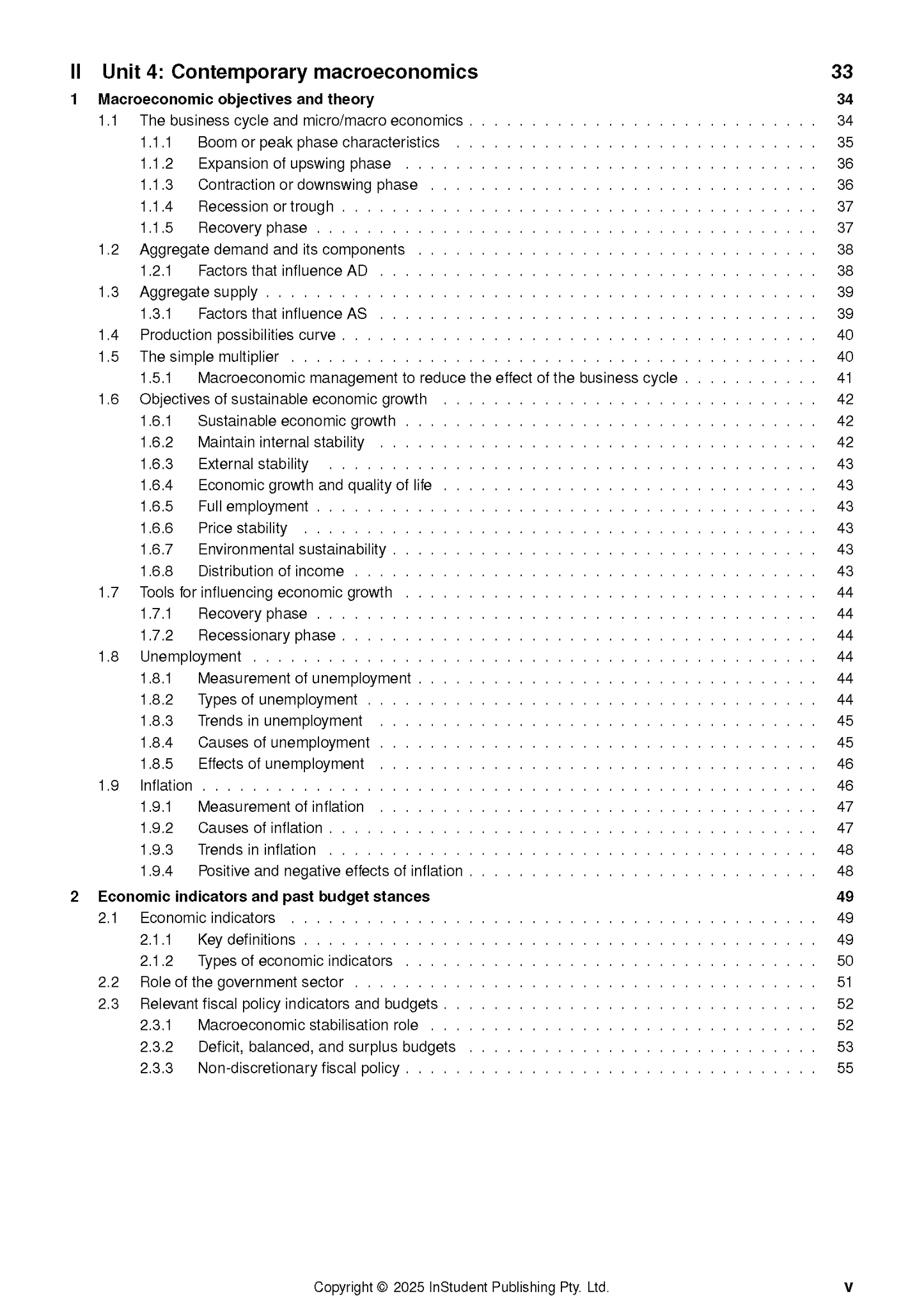 Course Notes by ATAR Notes, displaying a table of contents for Contemporary macroeconomics and Economic indicators with page numbers.