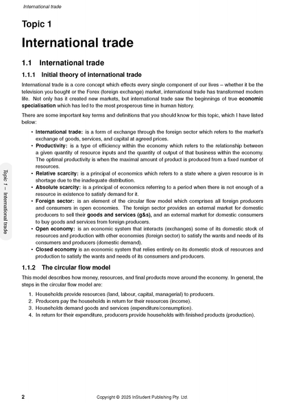 Course notes on International Trade and The Circular Flow Model by ATAR Notes, showing definitions and steps.