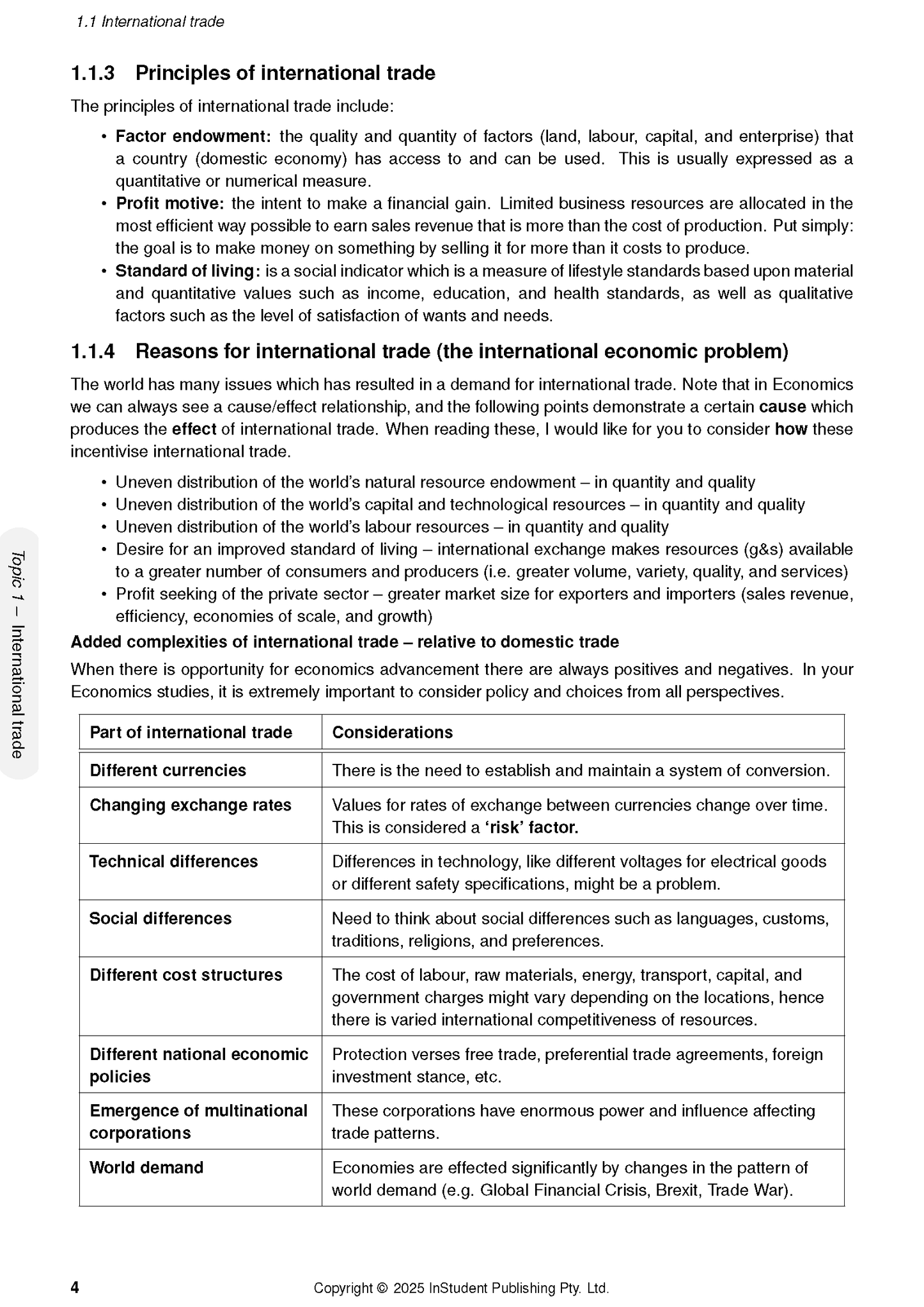 Course notes by ATAR Notes, a page detailing international trade principles, reasons, and complexities in a table format.