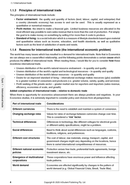 Course notes by ATAR Notes, a page detailing international trade principles, reasons, and complexities in a table format.
