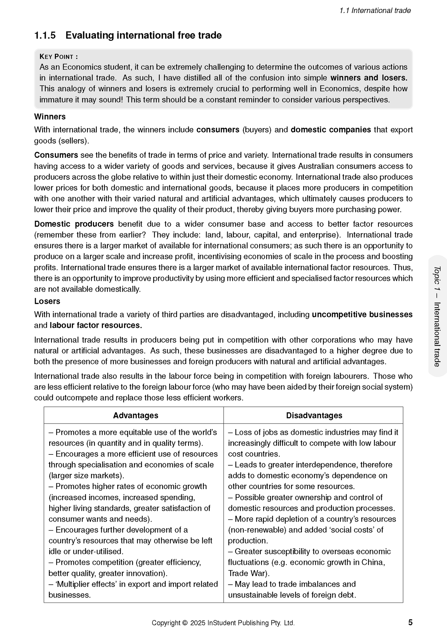 White course notes document by ATAR Notes, displaying a page on evaluating international free trade with advantages and disadvantages.