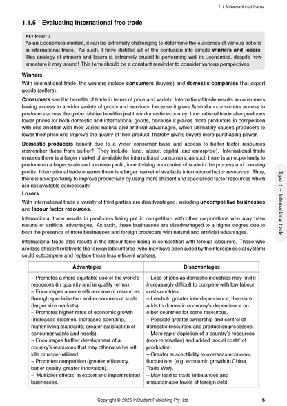 White course notes document by ATAR Notes, displaying a page on evaluating international free trade with advantages and disadvantages.