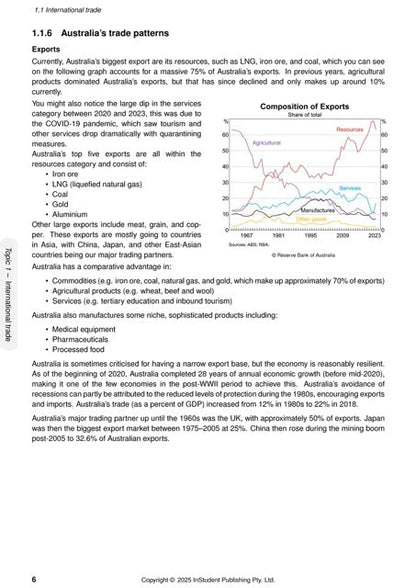 White Course Notes page by ATAR Notes, detailing Australia's trade patterns and an exports composition graph.