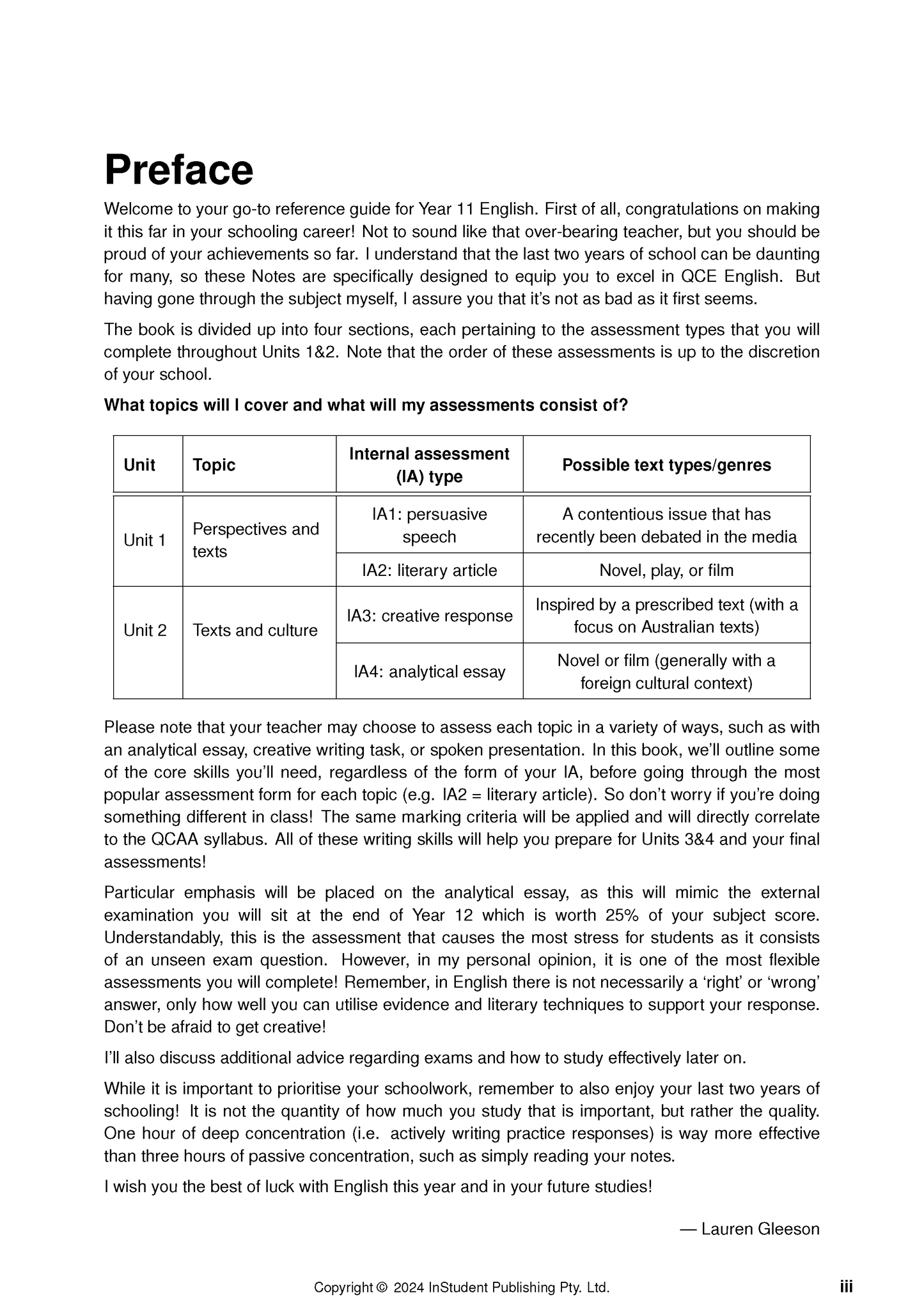 Complete Course Notes by ATAR Notes, a white page with black text detailing the preface and assessment types for English 1&2.