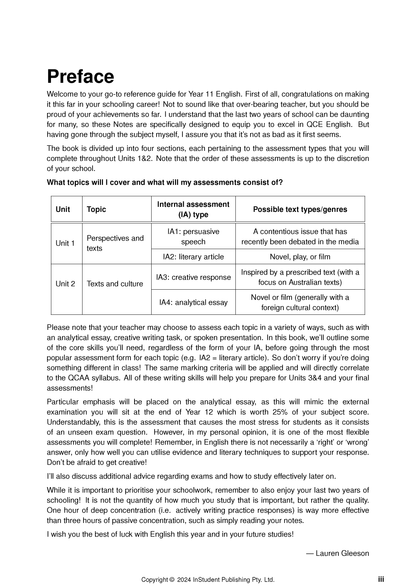Complete Course Notes by ATAR Notes, a white page with black text detailing the preface and assessment types for English 1&2.