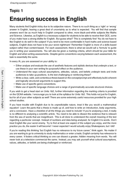 Course notes by ATAR Notes displaying a page titled 'Topic 1 Ensuring success in English' with detailed text and page number 2.