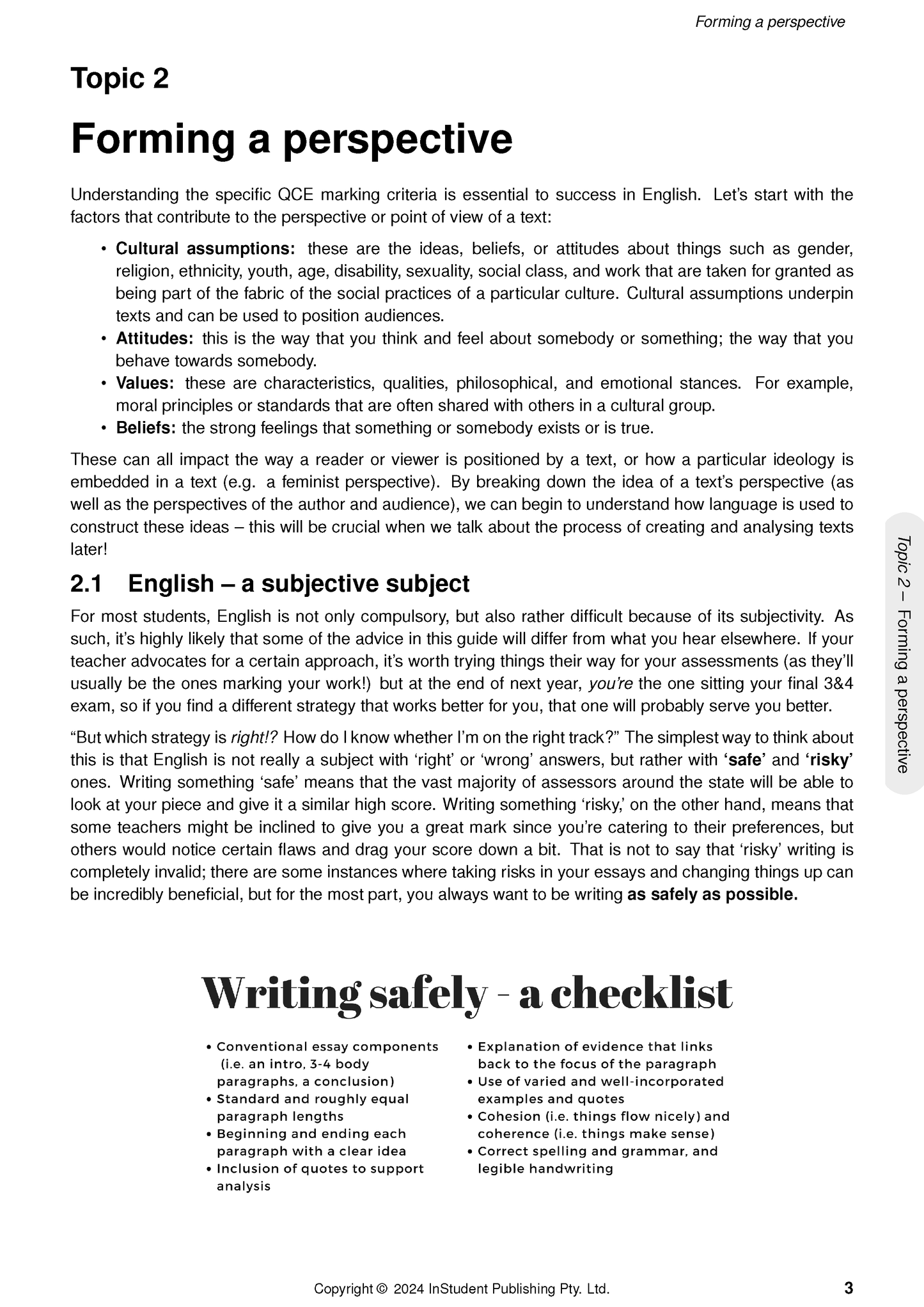 Course Notes by ATAR Notes showing a page titled 'Forming a perspective' with headings, bullet points, and a 'Writing safely' checklist.