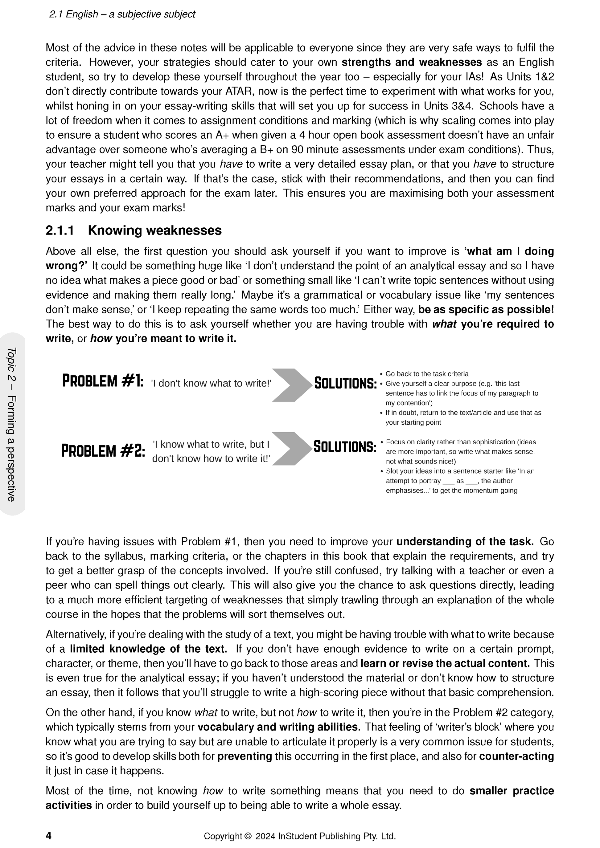 Complete Course Notes for QCE English 1&2 by ATAR Notes, displaying a page with text, problem-solving diagrams, and a gray side tab.