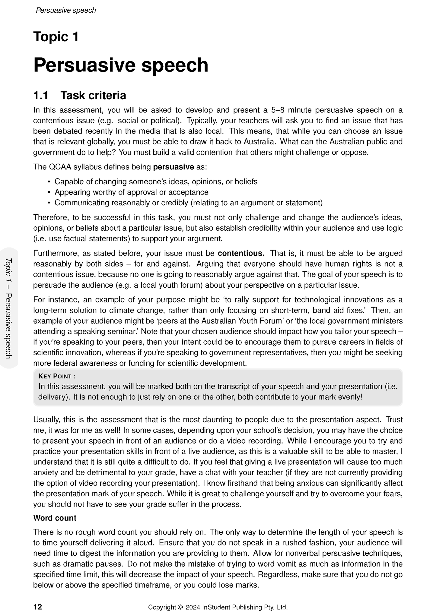 QCE English 1&2 Complete Course Notes by ATAR Notes, a printed page detailing persuasive speech task criteria.