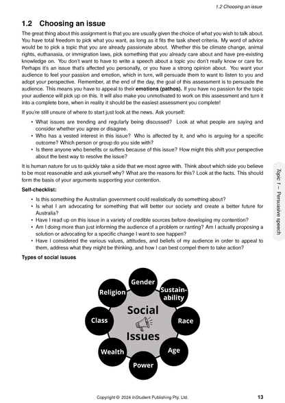 White course notes page by ATAR Notes, featuring black text on "Choosing an issue" and a central "Social Issues" diagram.