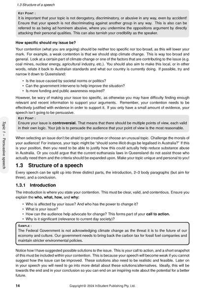 QCE English 1&2 Complete Course Notes by ATAR Notes, showing a white page with black text and grey highlighted sections on speech structure.