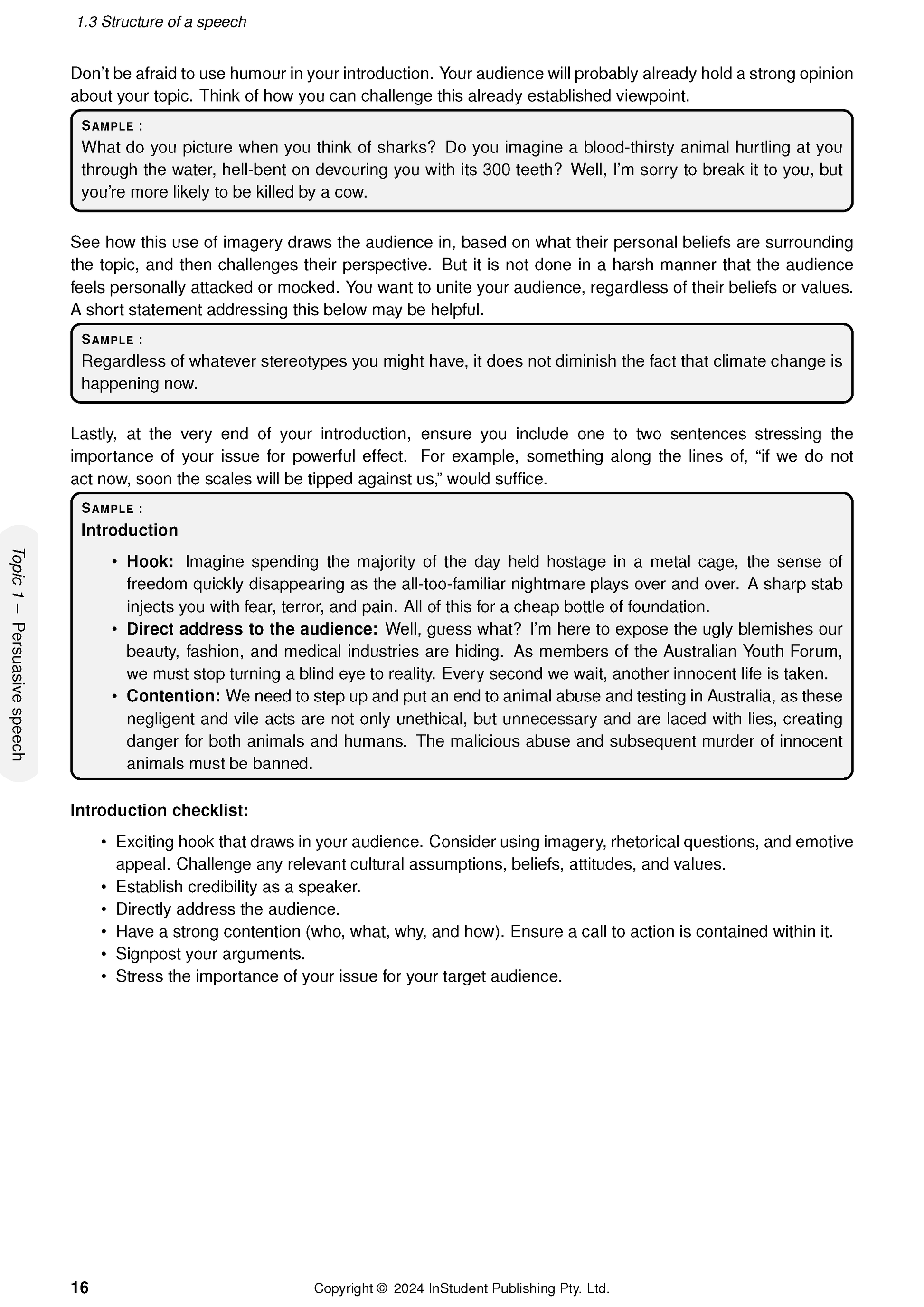 English course notes by ATAR Notes displaying page 16 with black text on persuasive speech structure and introduction checklist.