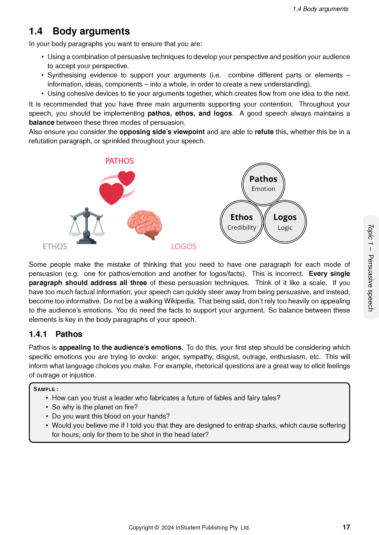 QCE English 1&2 Complete Course Notes (2025-2027) by ATAR Notes, showing a page detailing body arguments with pathos, ethos, and logos diagrams.
