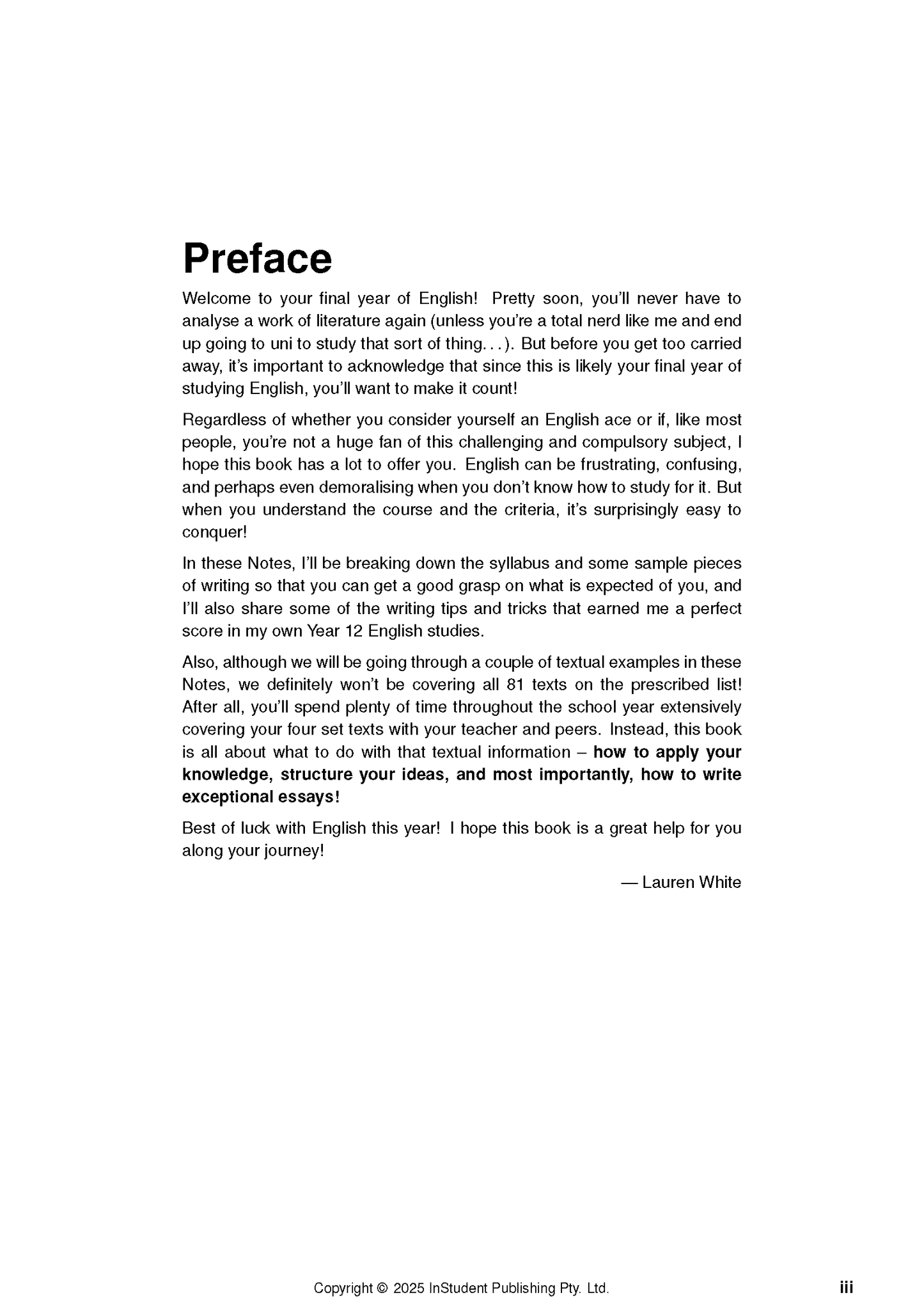 English Course Notes by ATAR Notes displaying the 'Preface' section with black text on a white page.
