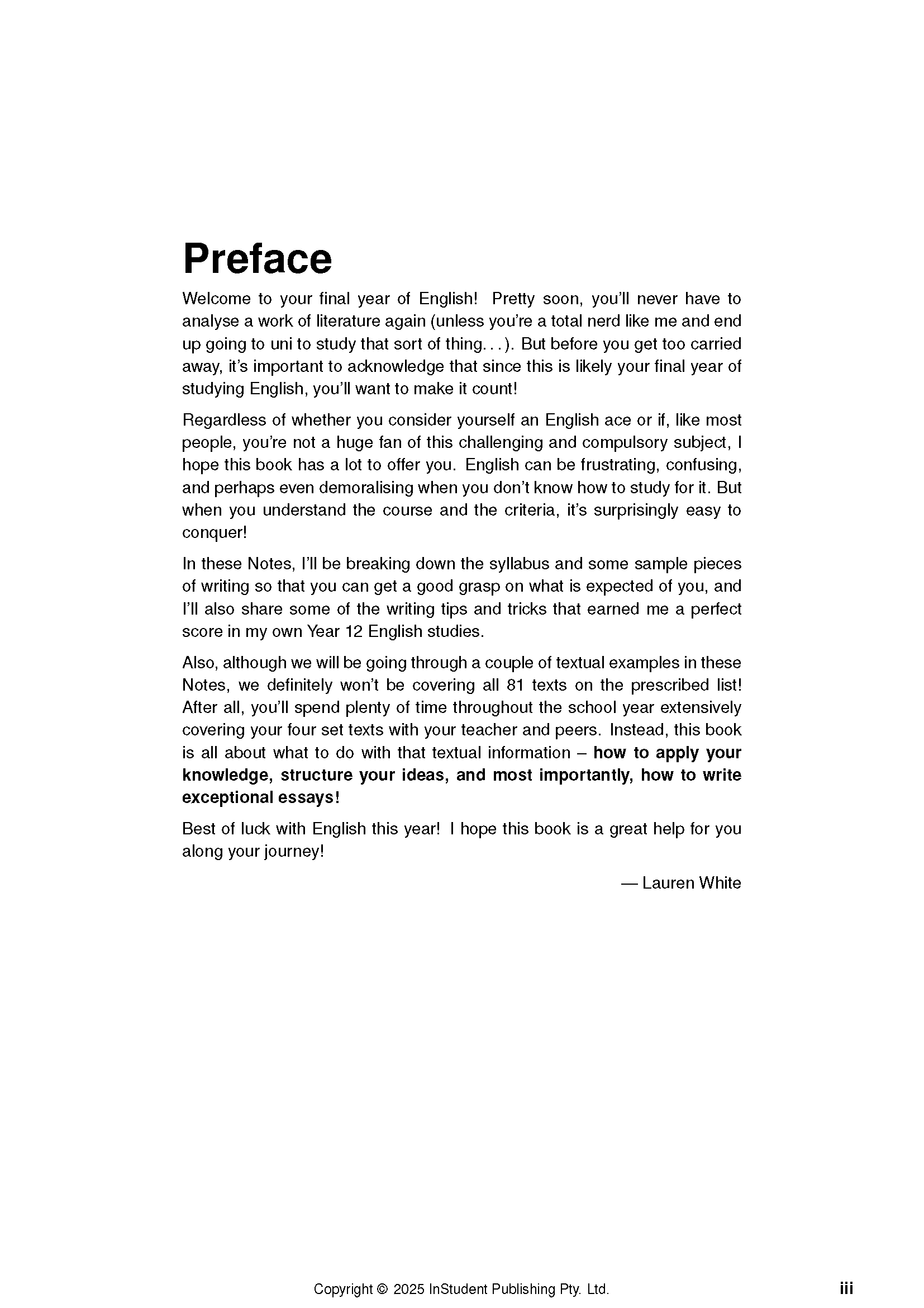 English Course Notes by ATAR Notes displaying the 'Preface' section with black text on a white page.