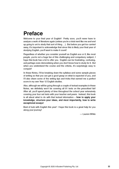 English Course Notes by ATAR Notes displaying the 'Preface' section with black text on a white page.