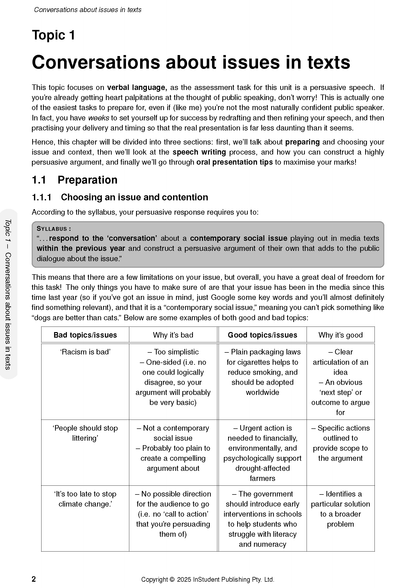 White Course Notes page by ATAR Notes, detailing 'Conversations about issues in texts' with a table of good and bad essay topics.