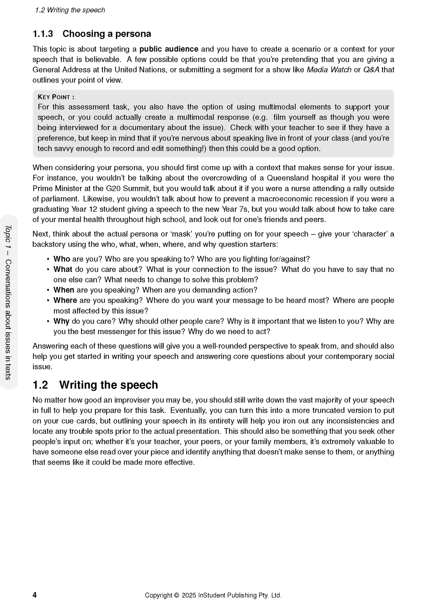 White QCE English Course Notes by ATAR Notes, displaying a page about 'Choosing a persona' with text and a grey 'Key Point' box.
