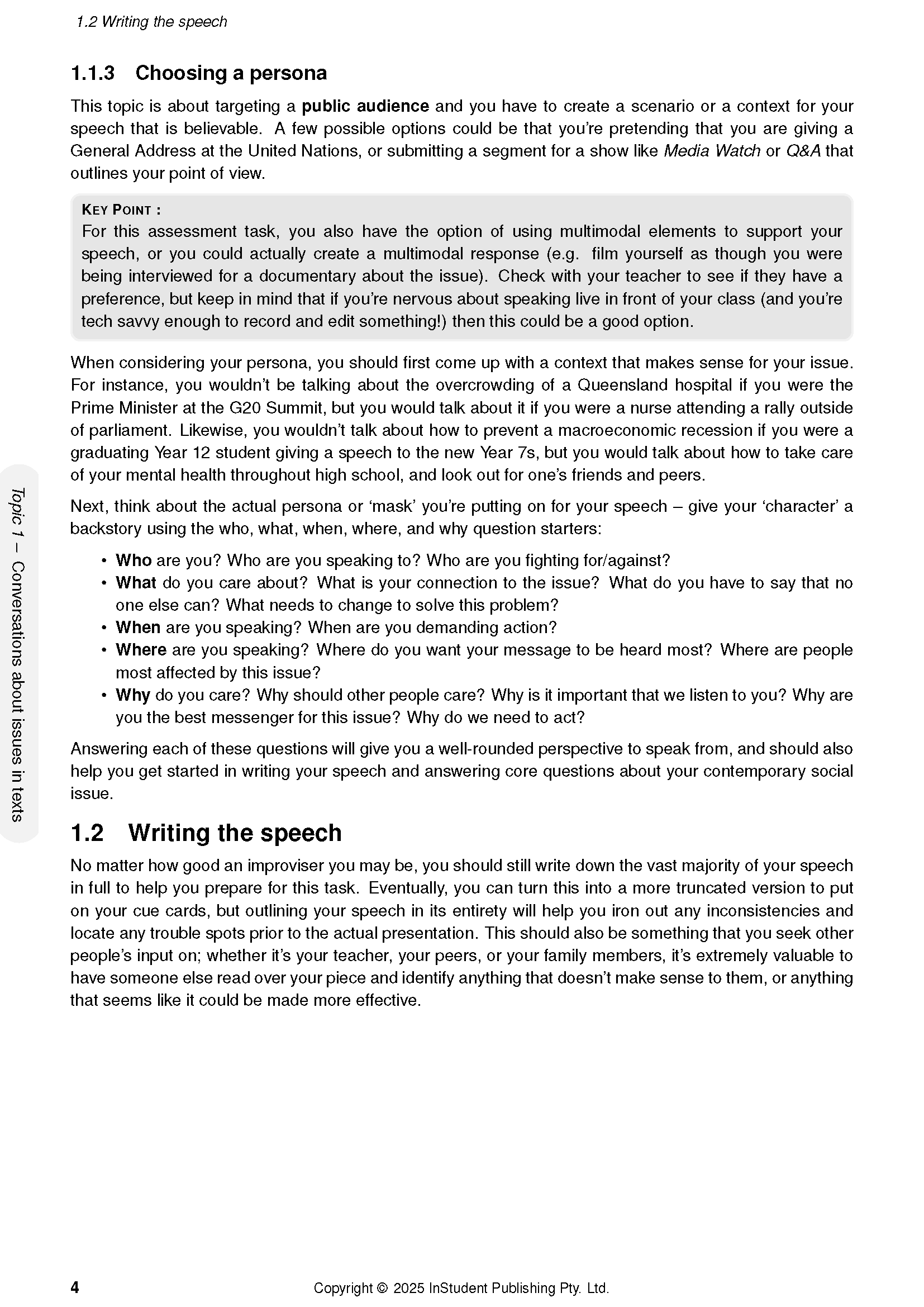 White QCE English Course Notes by ATAR Notes, displaying a page about 'Choosing a persona' with text and a grey 'Key Point' box.