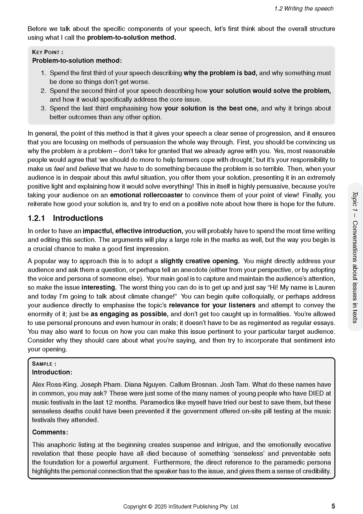 Course notes from ATAR Notes, a white page displaying speech writing advice, key points, and a sample introduction.