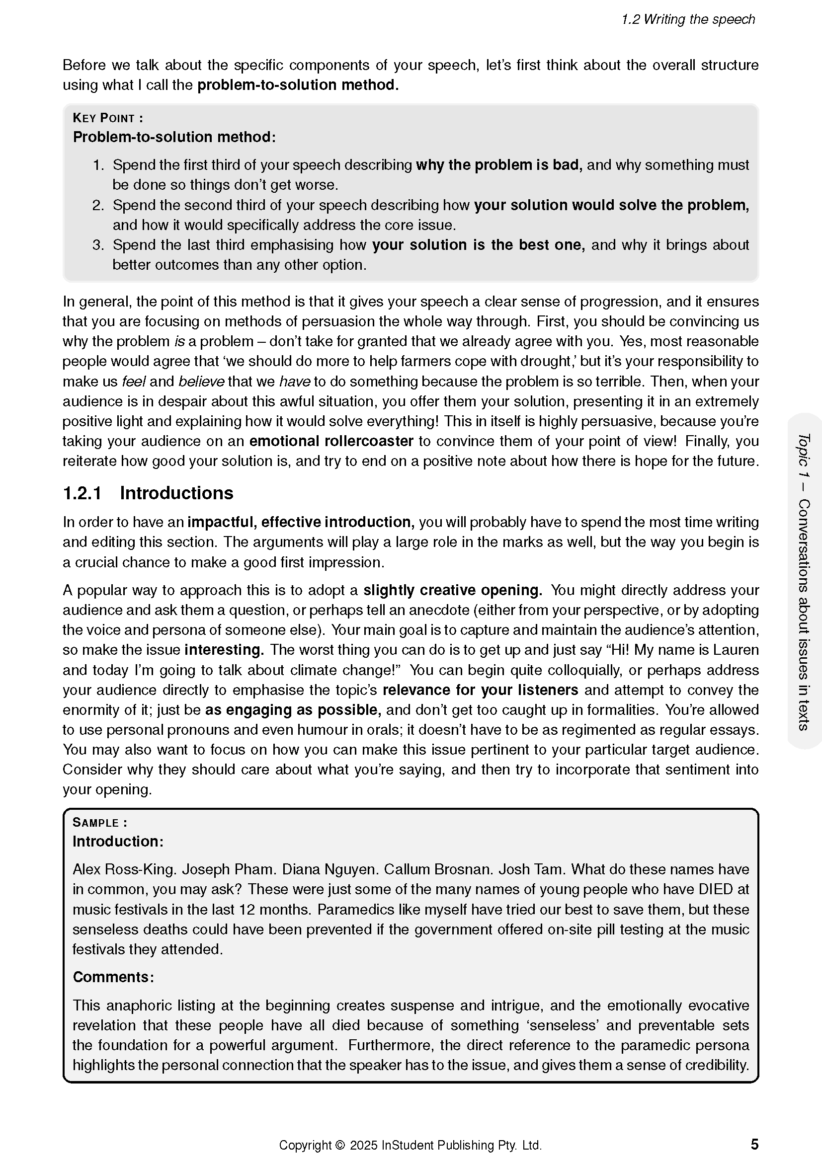Course notes from ATAR Notes, a white page displaying speech writing advice, key points, and a sample introduction.