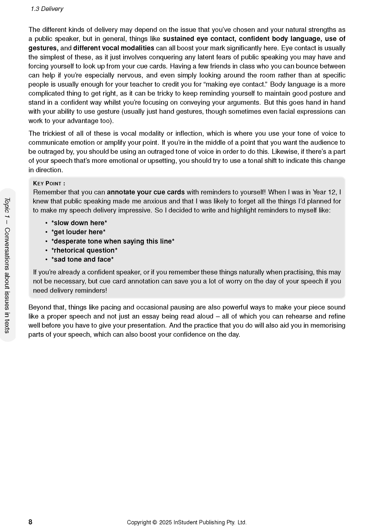 White page from a course notes book by ATAR Notes, with black text discussing "Delivery" and "Key Point" tips.
