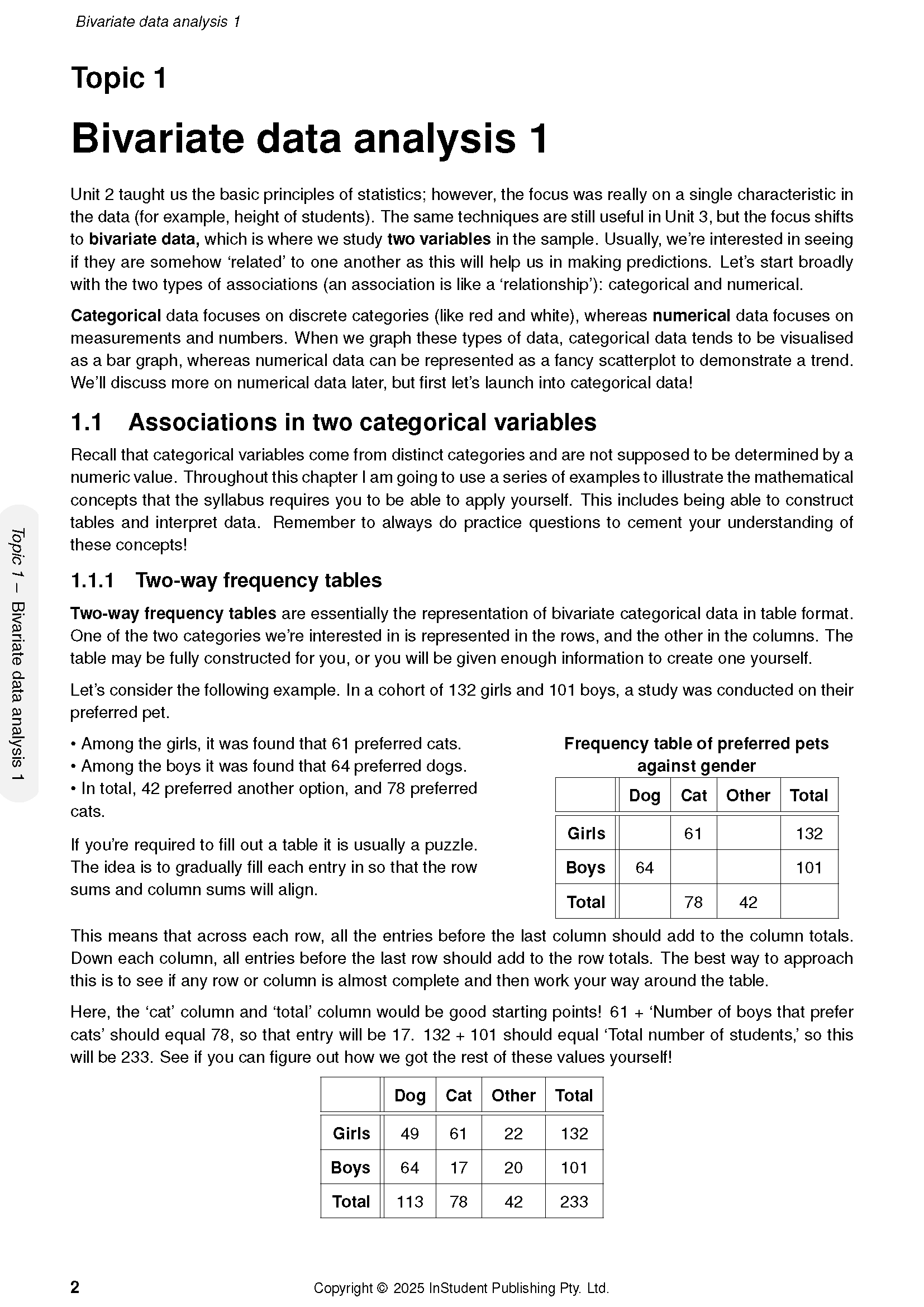 QCE General Maths 3&4 Complete Course Notes by ATAR Notes, showing a page on bivariate data analysis with a frequency table example.