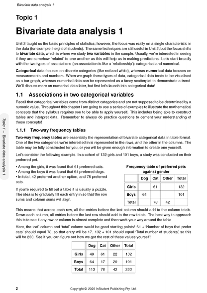 QCE General Maths 3&4 Complete Course Notes by ATAR Notes, showing a page on bivariate data analysis with a frequency table example.