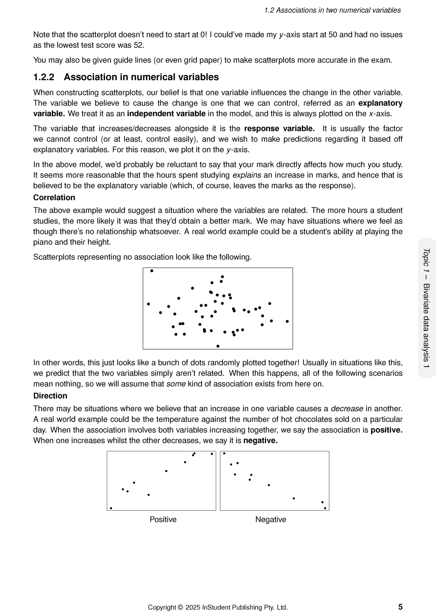 General Maths Course Notes by ATAR Notes, a page displaying text on variable associations and examples of scatterplots.