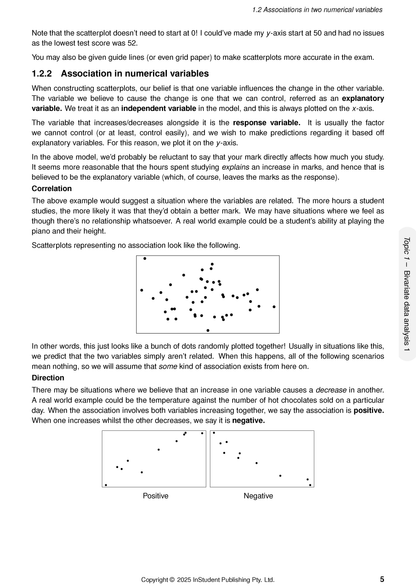 General Maths Course Notes by ATAR Notes, a page displaying text on variable associations and examples of scatterplots.