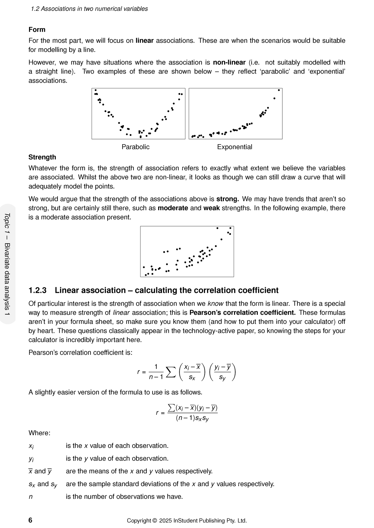 Course notes by ATAR Notes, a white page showing mathematical concepts, formulas for correlation, and scatter plots.