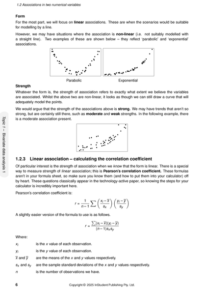 Course notes by ATAR Notes, a white page showing mathematical concepts, formulas for correlation, and scatter plots.