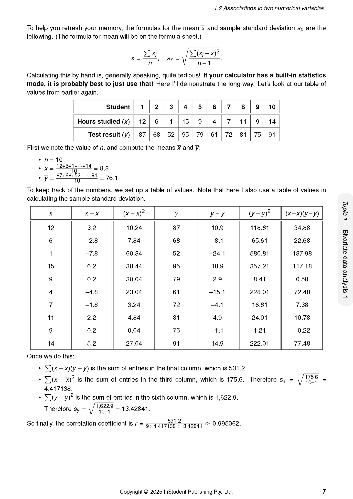 QCE General Maths Course Notes by ATAR Notes, displaying statistical formulas, tables, and correlation coefficient calculations.