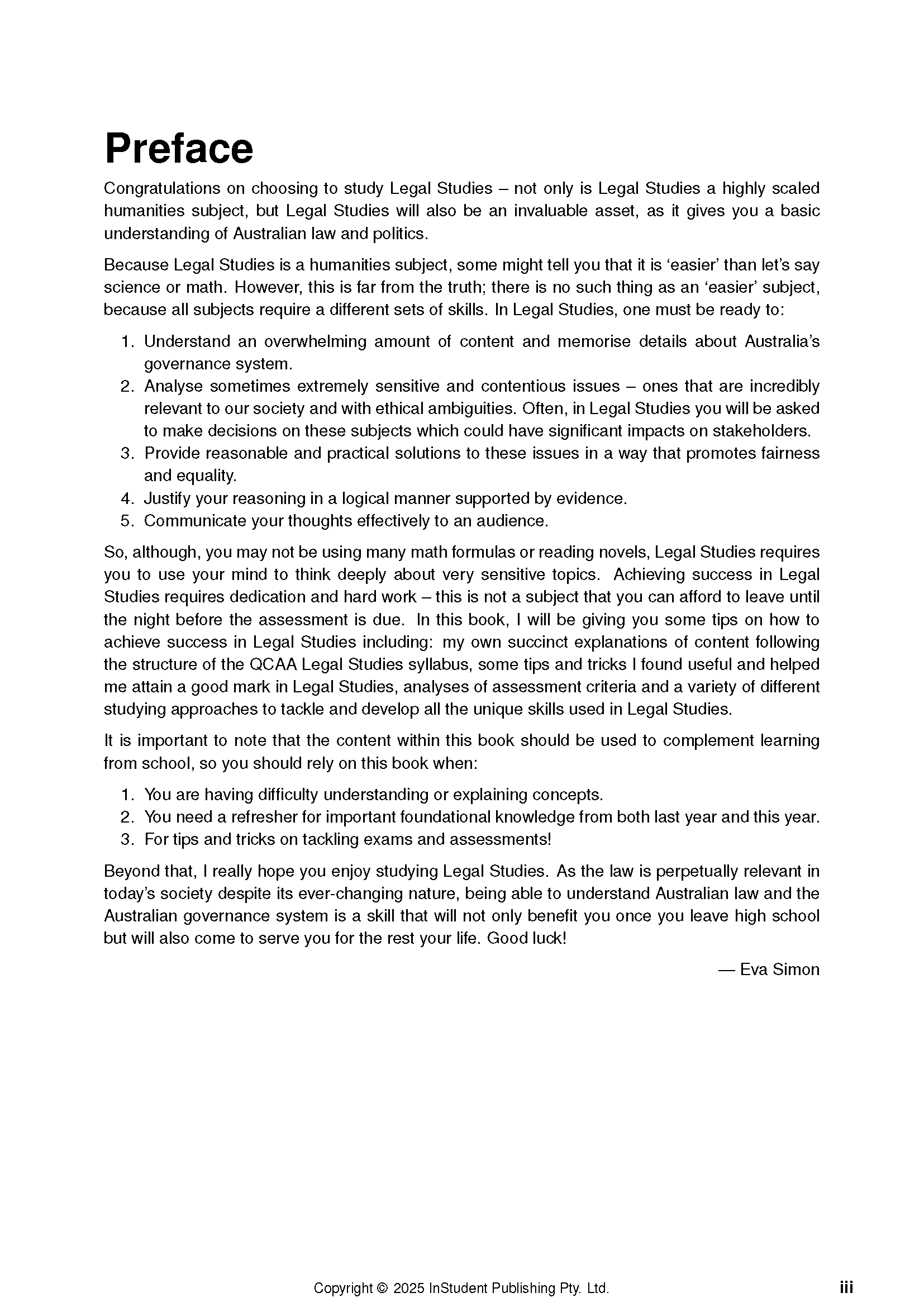 Course notes page from ATAR Notes showing the 'Preface' section about Legal Studies with a signature and copyright.